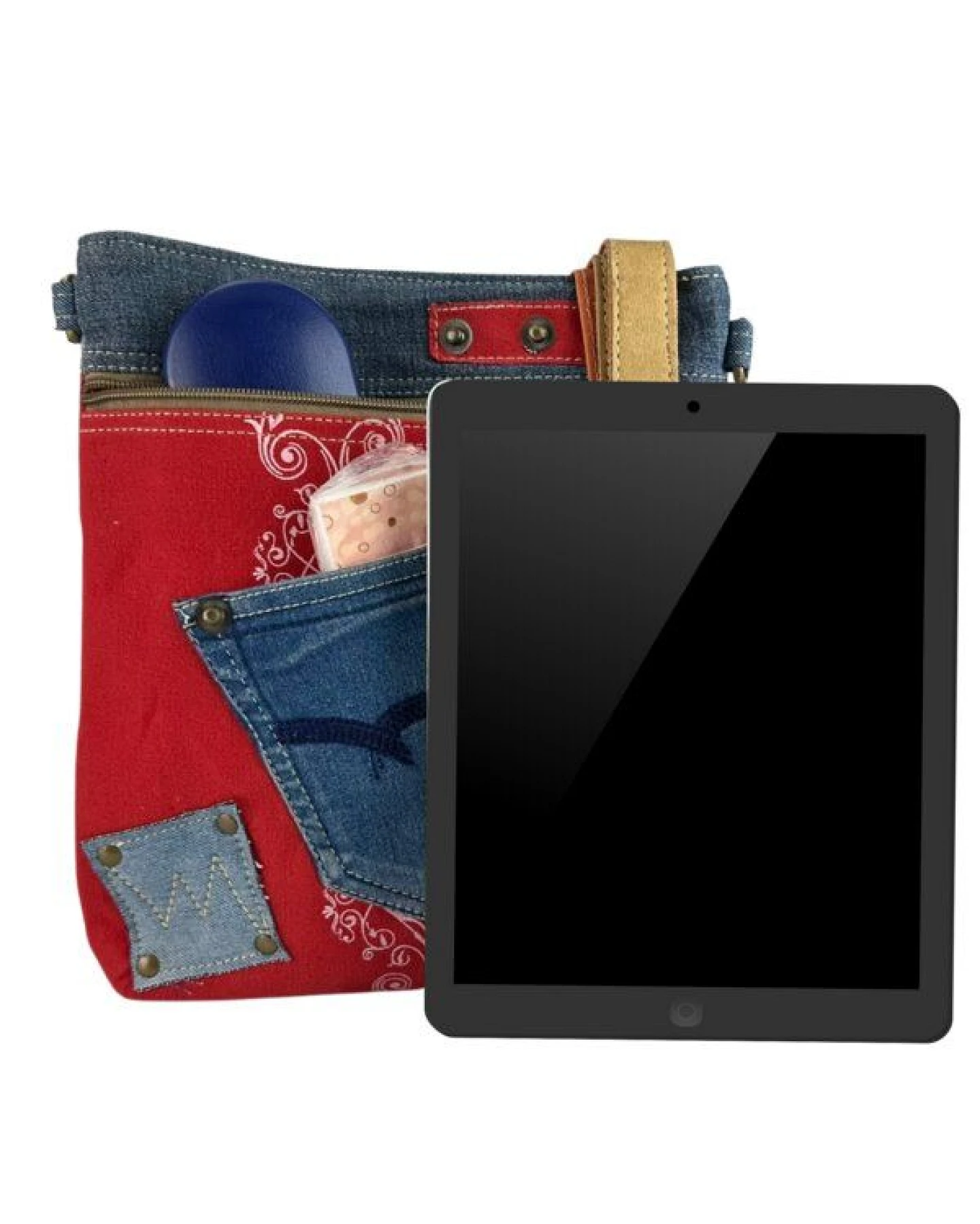 Sunsa Umhängetasche aus rote Canvas & recycelter Jeans. Nachhaltige Crossbody Bag – Ansicht 4