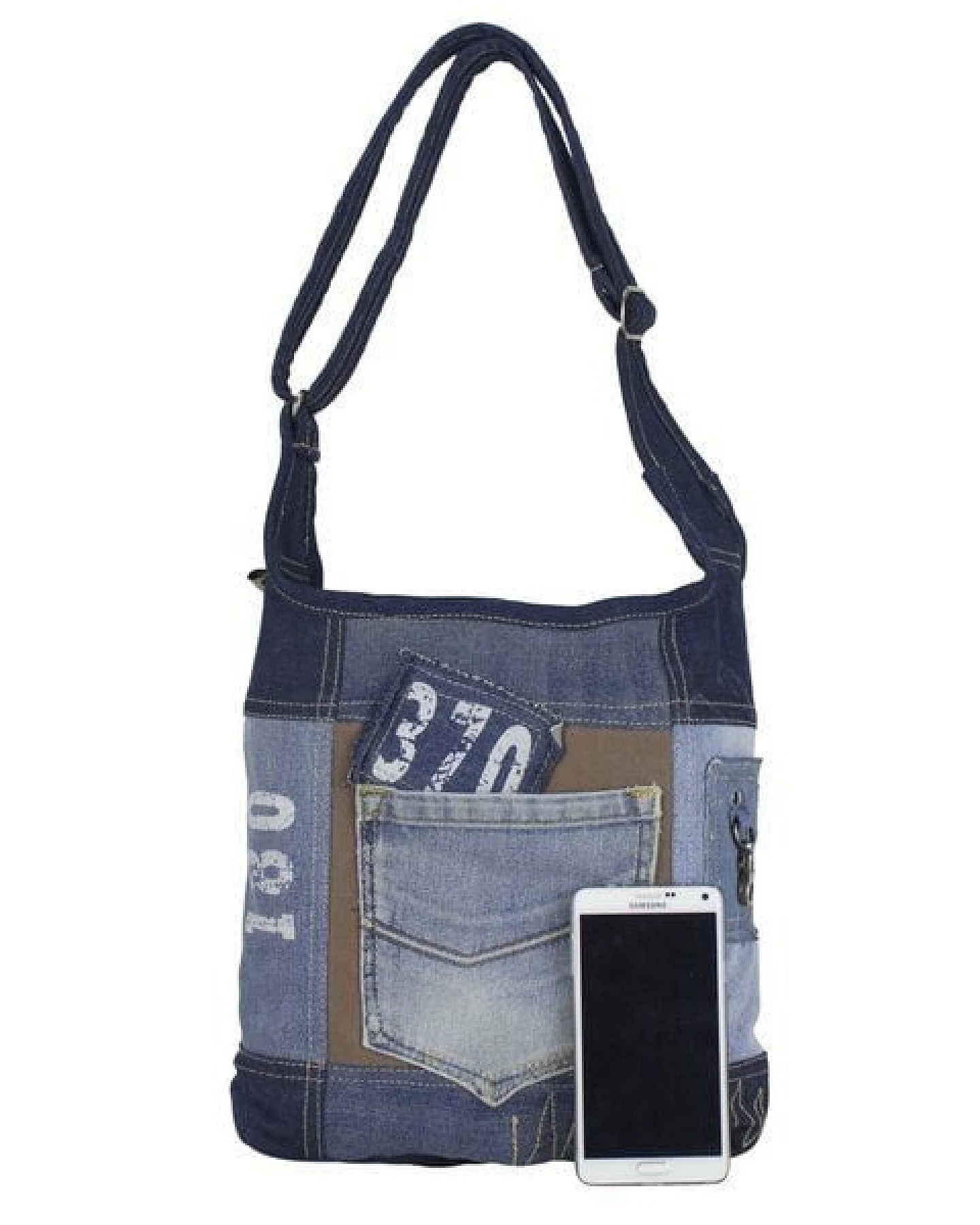 Sunsa Hobo Tasche recycelter Jeans Umhängetasche braune Jeanstasche – Ansicht 4