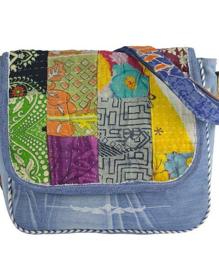 Sunsa Damen Messenger Tasche. Nachhaltige Umhängetasche aus recycelter Sari & Jeans