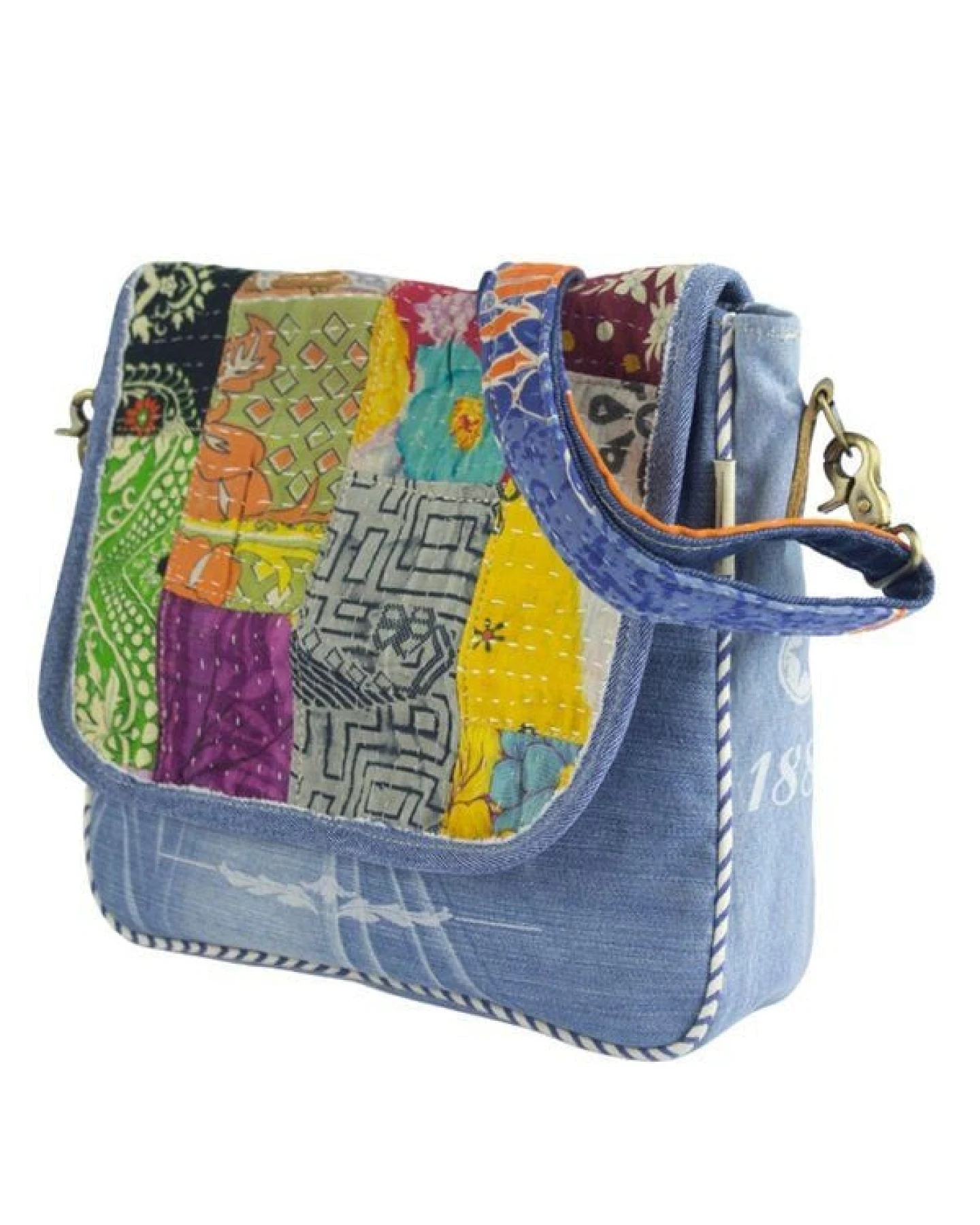 Sunsa Damen Messenger Tasche. Nachhaltige Umhängetasche aus recycelter Sari & Jeans – Ansicht 4