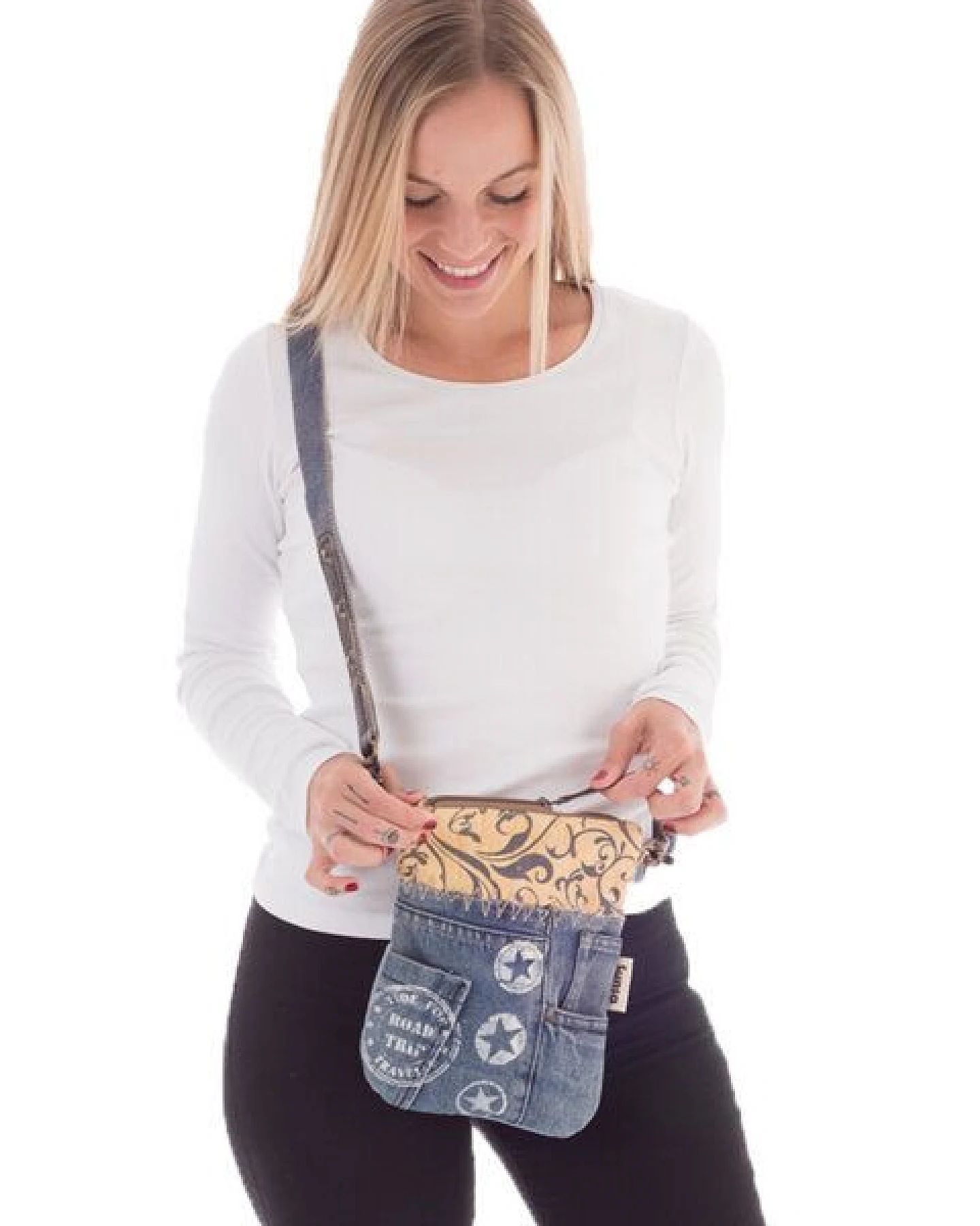 Sunsa kleine Umhängetasche aus recycelter Jeans & Canvas Mini Jeanstasche – Ansicht 2