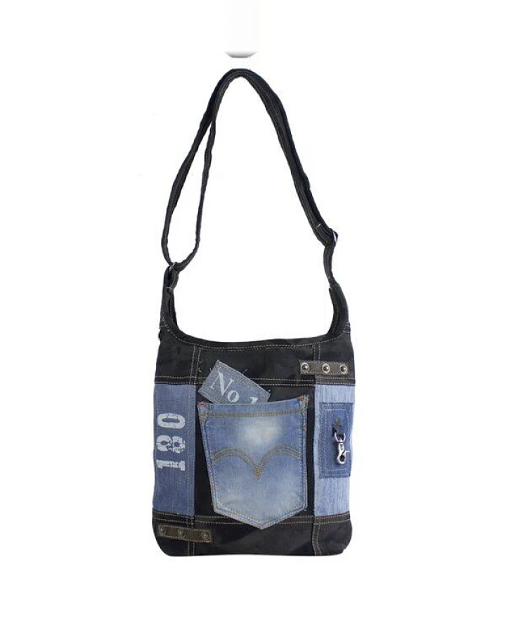 Sunsa Damen Canvas Hobo Tasche/ Umhängetasche. Crossbody aus Recycelter Jeans & schwarze Canvas