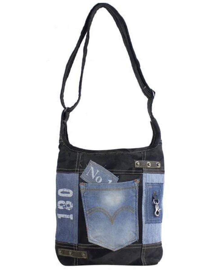 Sunsa Damen Canvas Hobo Tasche/ Umhängetasche. Crossbody aus Recycelter Jeans & schwarze Canvas