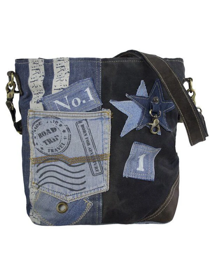 Sunsa Umhängetasche aus recycelter Jeans & schwarze Canvas. Nachhaltige Damen Crossbody Bag