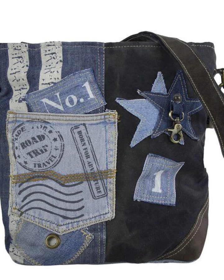 Sunsa Umhängetasche aus recycelter Jeans & schwarze Canvas. Nachhaltige Damen Crossbody Bag