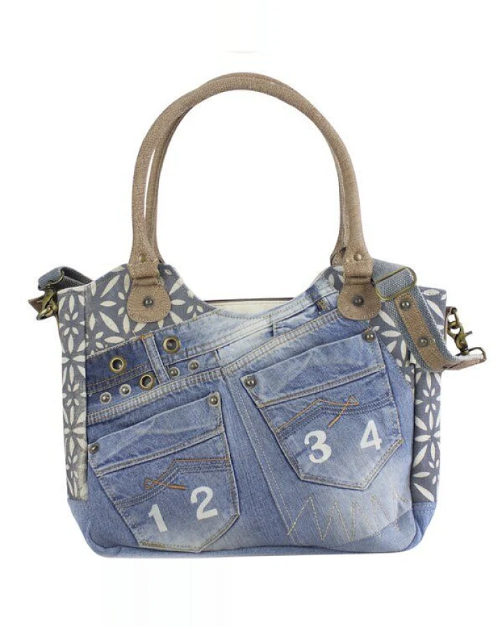 Sunsa Handtasche aus recycelter Jeans & Canvas. Nachhaltige große Schultertasche große Shopper