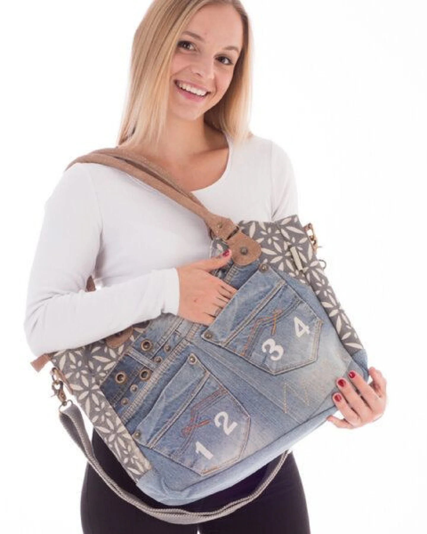 Sunsa Handtasche aus recycelter Jeans & Canvas. Nachhaltige große Schultertasche große Shopper – Ansicht 2