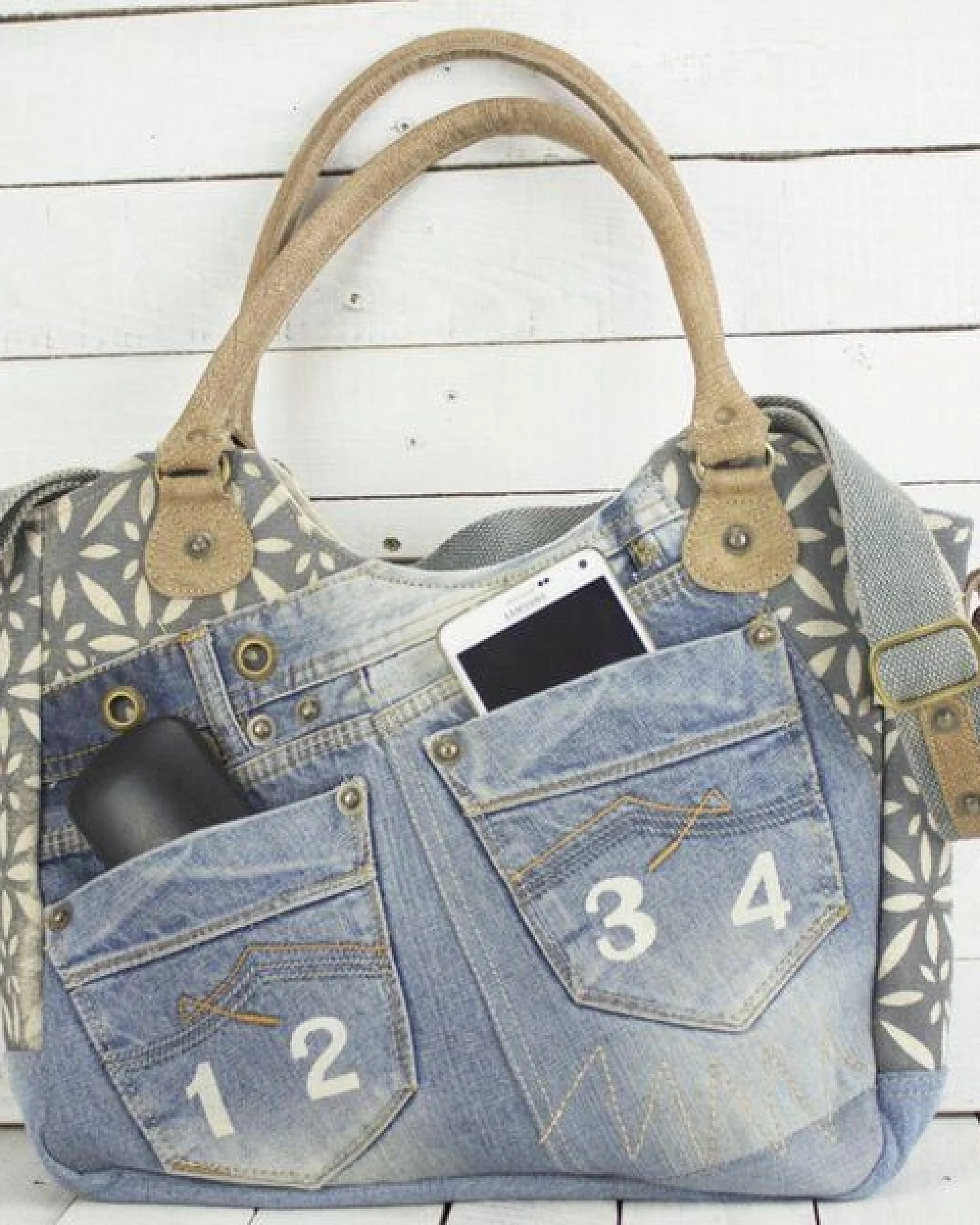 Sunsa Handtasche aus recycelter Jeans & Canvas. Nachhaltige große Schultertasche große Shopper – Ansicht 4