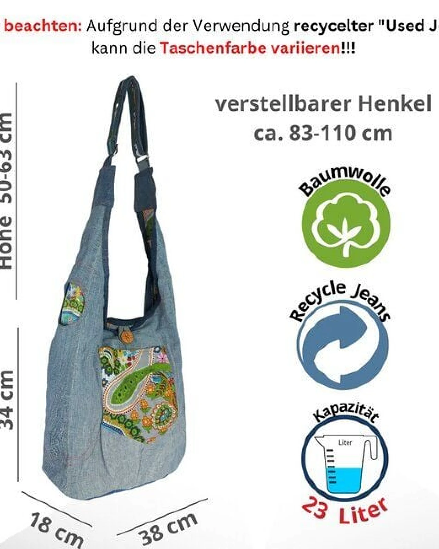 Sunsa Wende Hobo Tasche. Cotton/Jeans Umhängetasche große Schultertasche praktisch Crossbody Bag – Ansicht 4