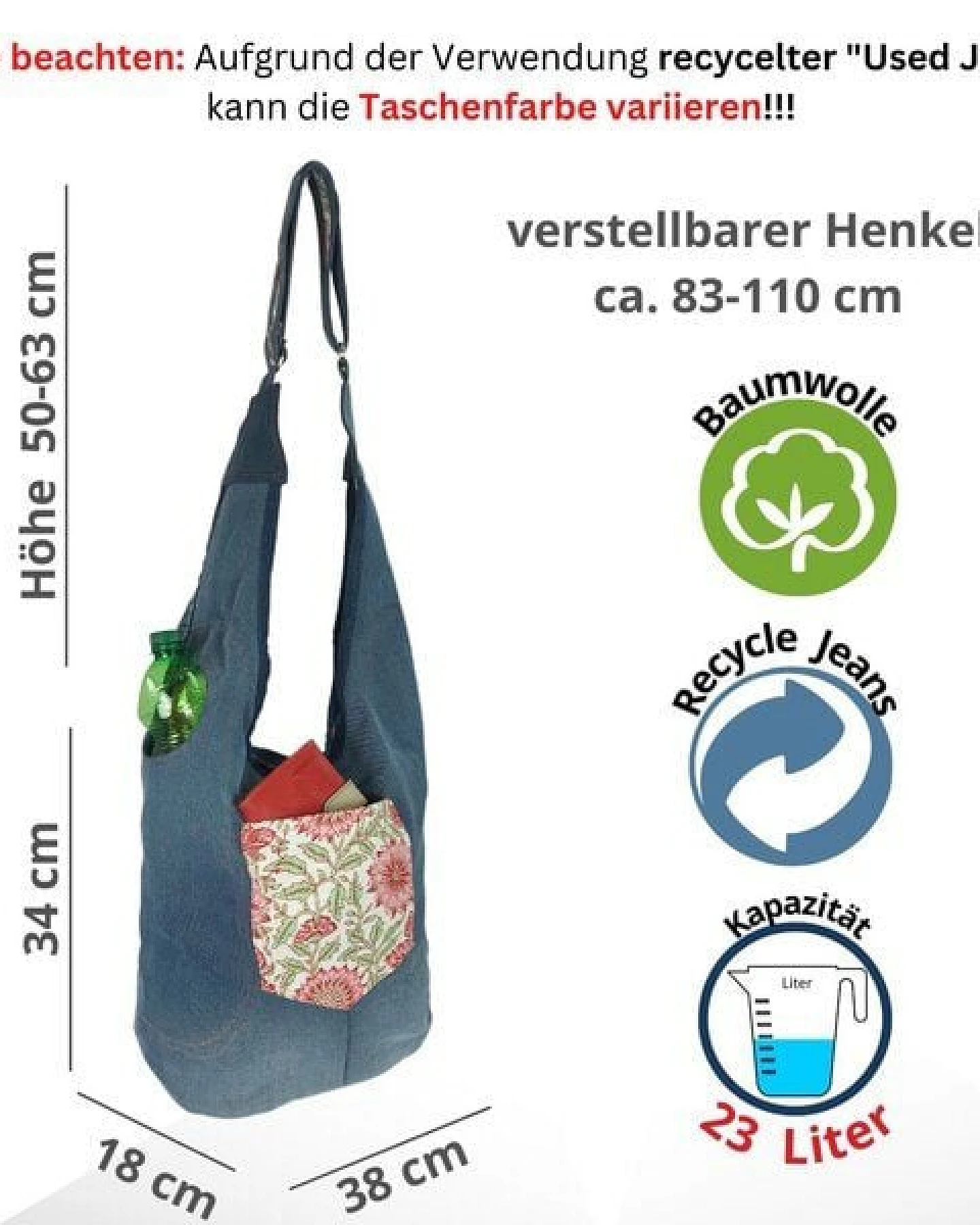 Sunsa Wende Hobo Tasche. Cotton/Jeans Umhängetasche große Schultertasche praktisch Crossbody Bag – Ansicht 4