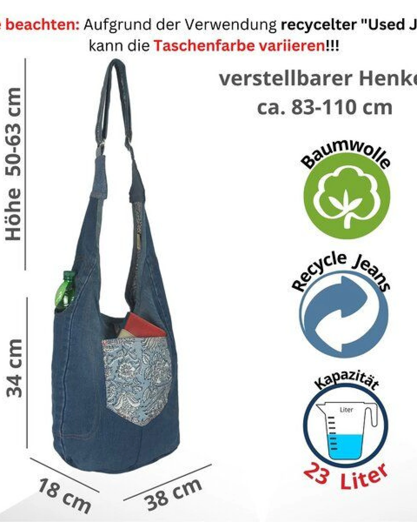 Sunsa Wende Hobo Tasche. Cotton/Jeans Umhängetasche große Schultertasche praktisch Crossbody Bag – Ansicht 4