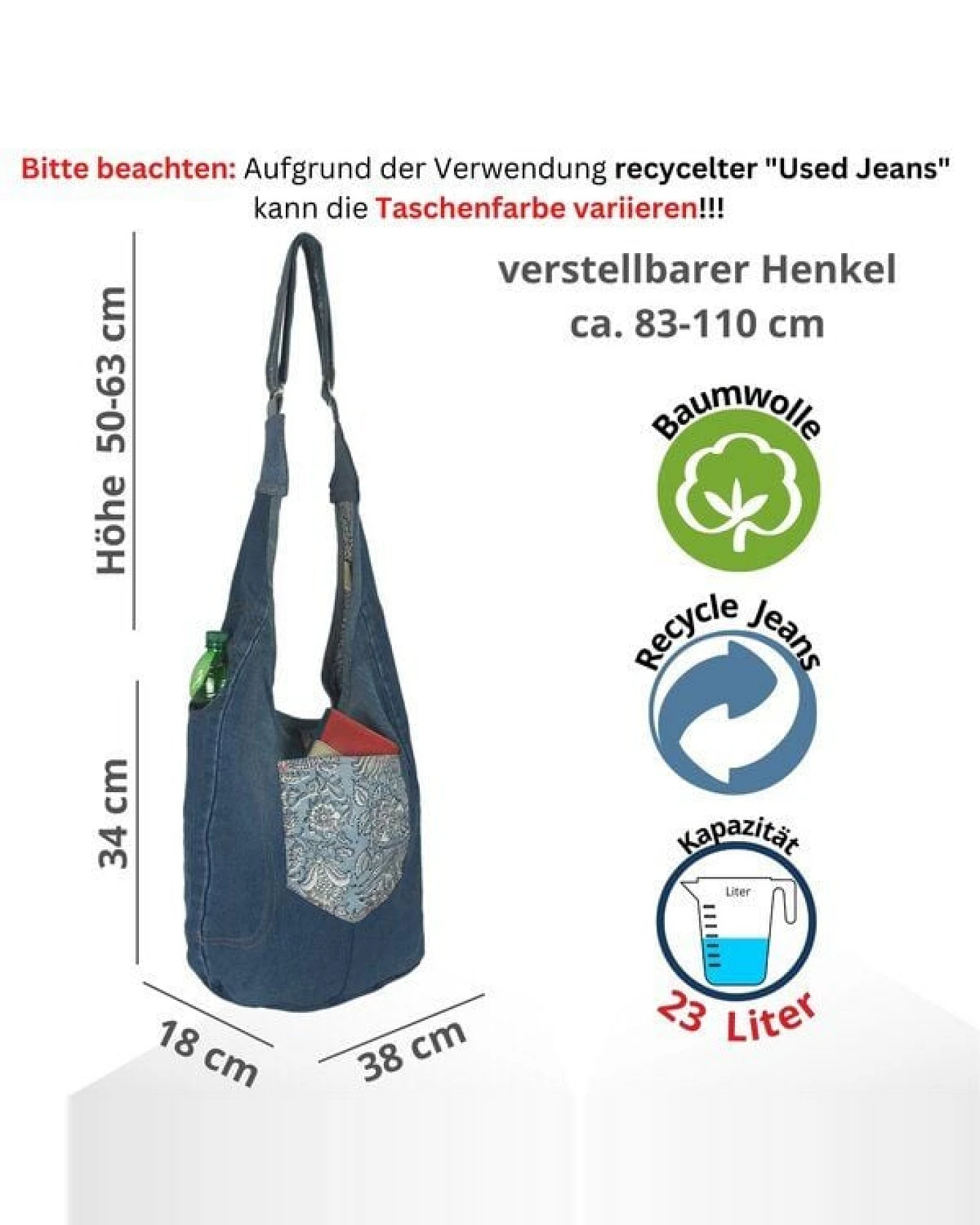 Sunsa Wende Hobo Tasche. Cotton/Jeans Umhängetasche große Schultertasche praktisch Crossbody Bag – Ansicht 4