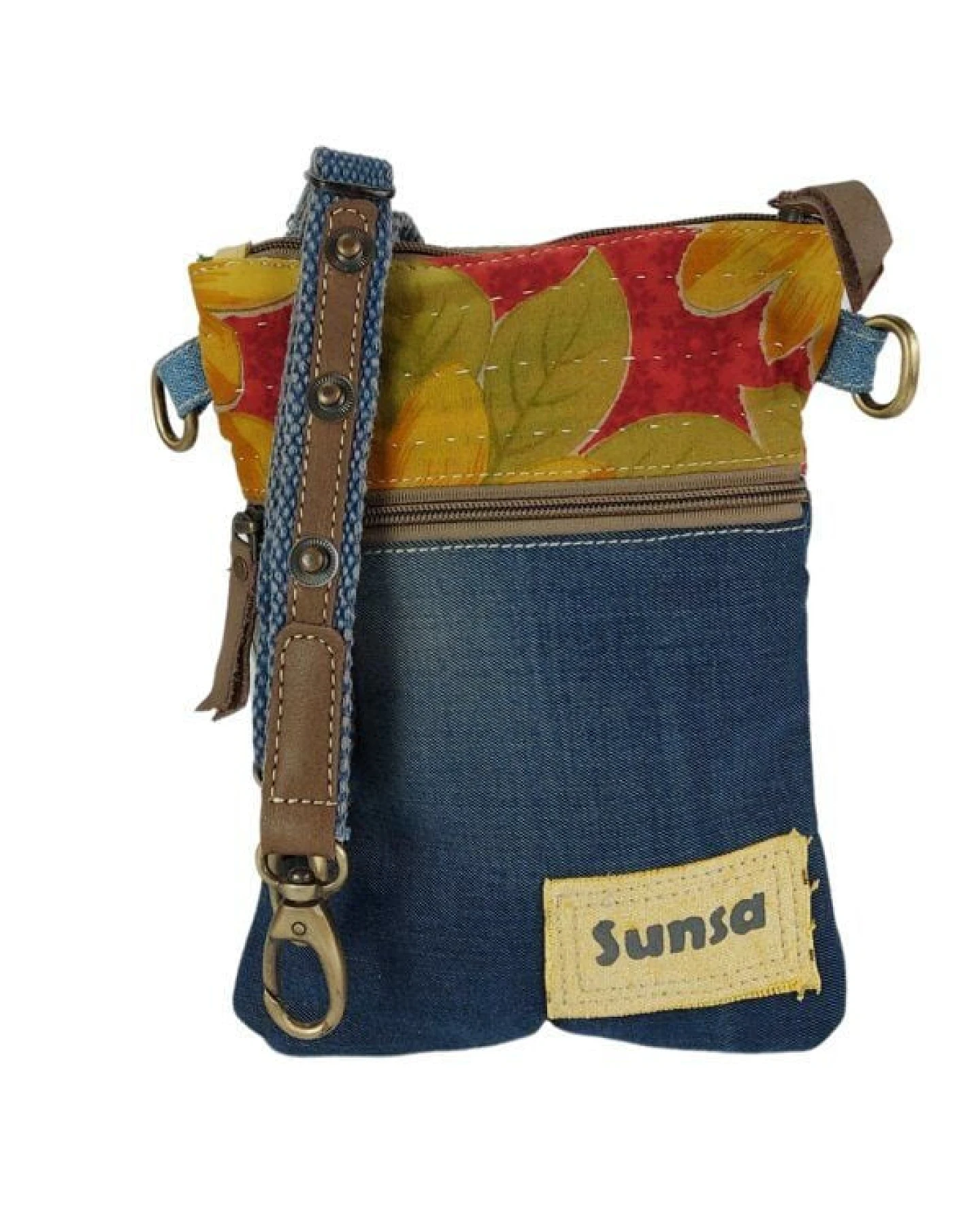 Sunsa kleine Damen Umhängetasche aus recycelter Jeans & Sari. Nachhaltige Tasche – Ansicht 4