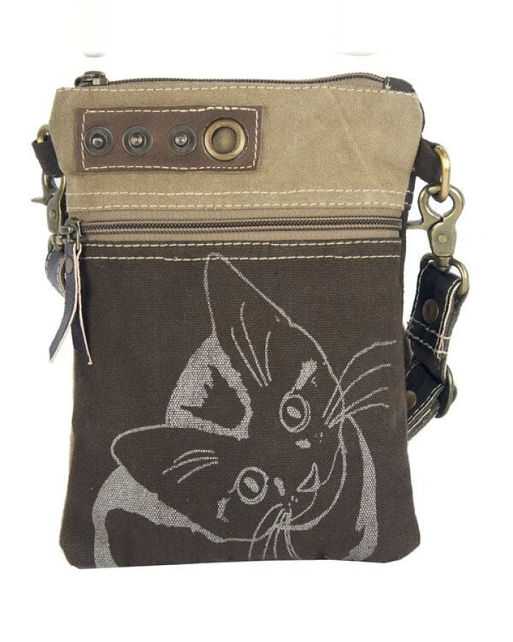 Sunsa kleine Tasche Canvas Umhängetasche Katzenmotive Schultertasche braune Crossbody Bag