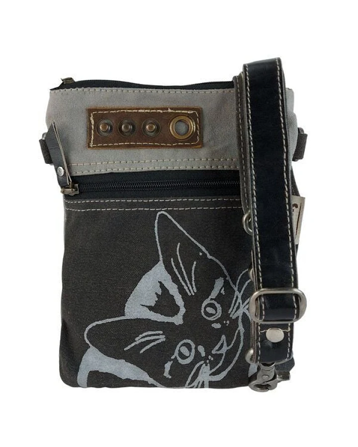 Sunsa kleine Tasche Canvas Umhängetasche Katzenmotive Schultertasche schwarze Crossbody Bag