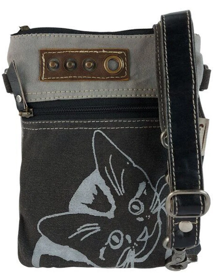 Sunsa kleine Tasche Canvas Umhängetasche Katzenmotive Schultertasche schwarze Crossbody Bag