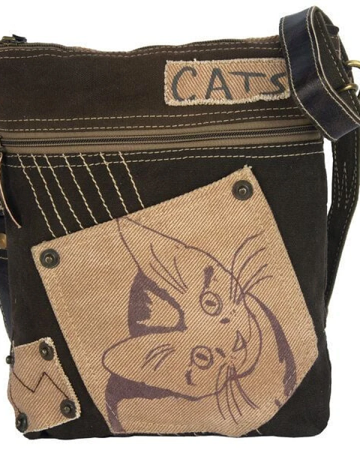Sunsa Umhängetasche Canvas Tasche Katzenmotive Schultertasche braune Crossbody Bag