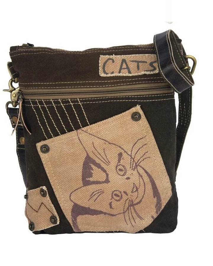 Sunsa Umhängetasche Canvas Tasche Katzenmotive Schultertasche braune Crossbody Bag