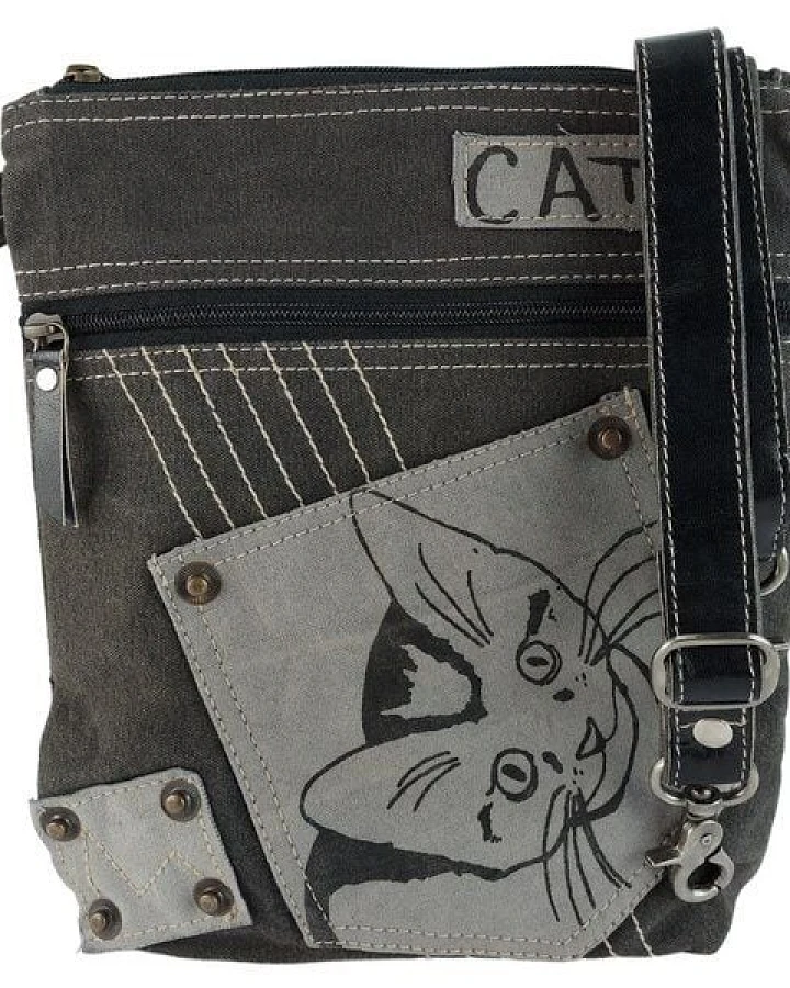 Sunsa Umhängetasche Canvas Tasche Katzenmotive Schultertasche schwarze Crossbody Bag