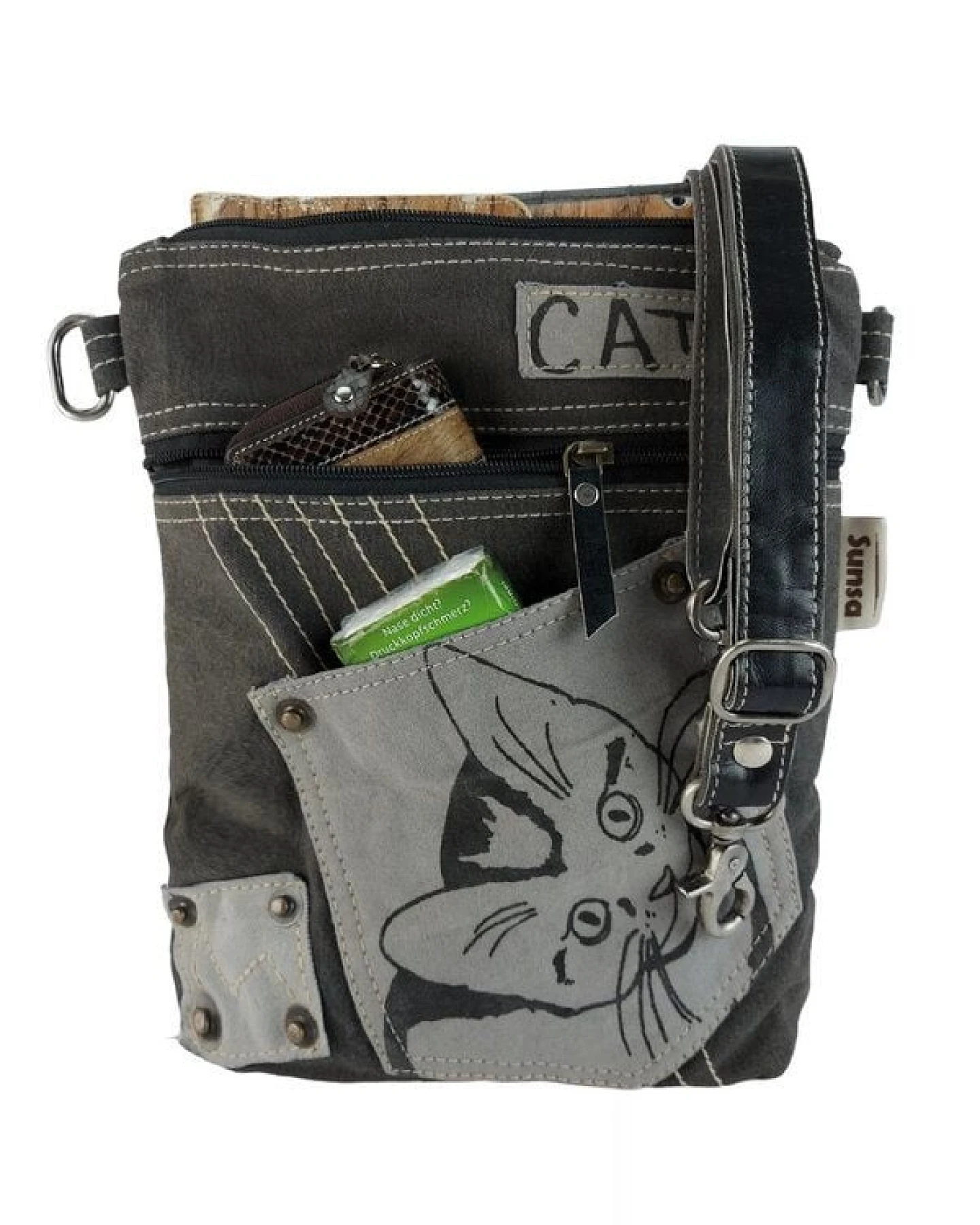 Sunsa Umhängetasche Canvas Tasche Katzenmotive Schultertasche schwarze Crossbody Bag – Ansicht 3
