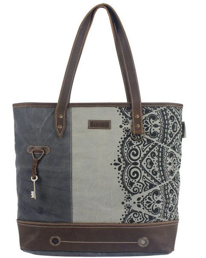 Sunsa Damen große Handtasche graue Canvas Shopper Mandala Motiv Schultertasche