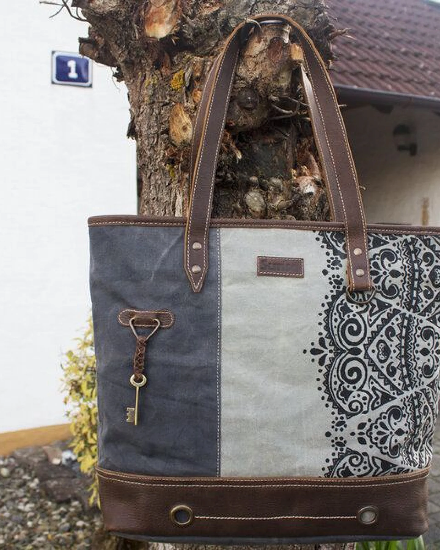 Sunsa Damen große Handtasche graue Canvas Shopper Mandala Motiv Schultertasche – Ansicht 2