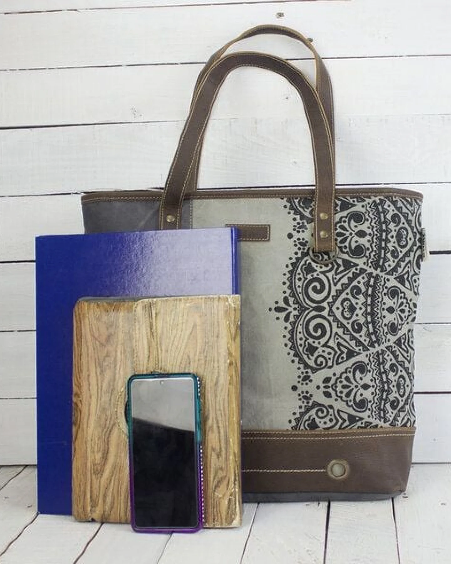 Sunsa Damen große Handtasche graue Canvas Shopper Mandala Motiv Schultertasche – Ansicht 3