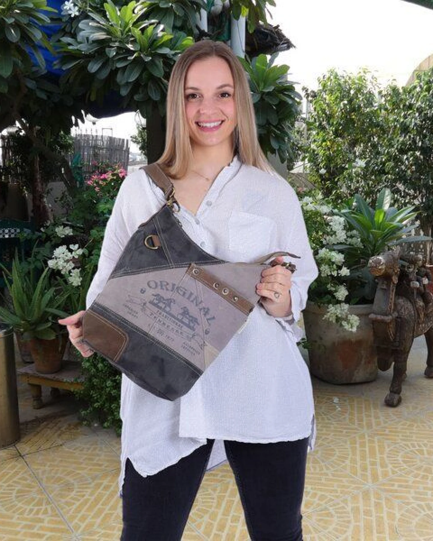 Sunsa Hobo Tasche Canvas Umhängetasche mit Pferdemotiv graue Schultertasche – Ansicht 2