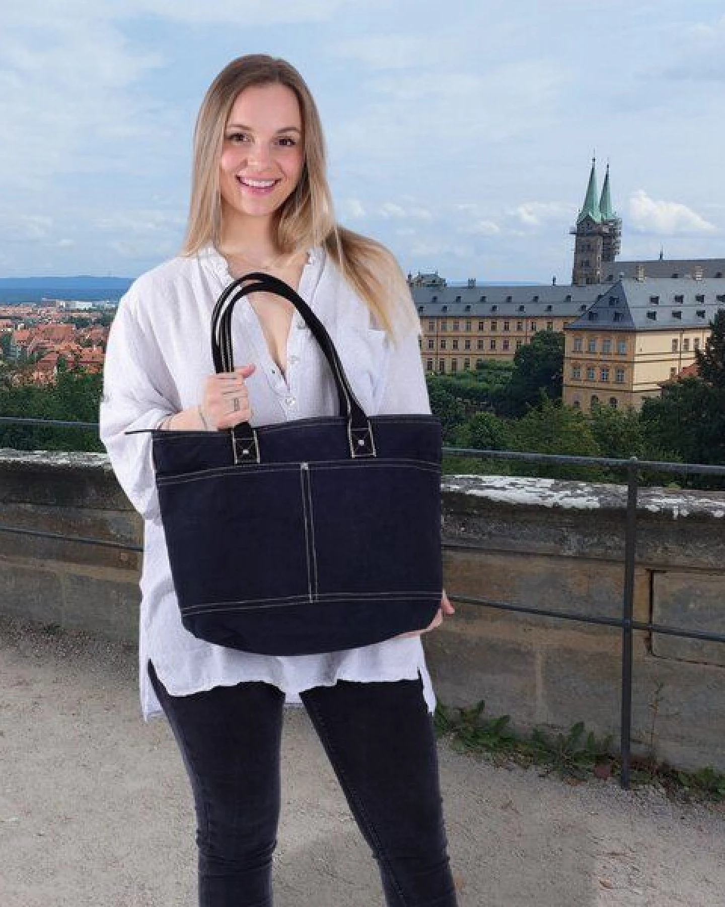 Domelo Damen Shopper. Dunkelblaue wasserabweisende Handtasche, gewachste Canvas Schultertasche – Ansicht 2