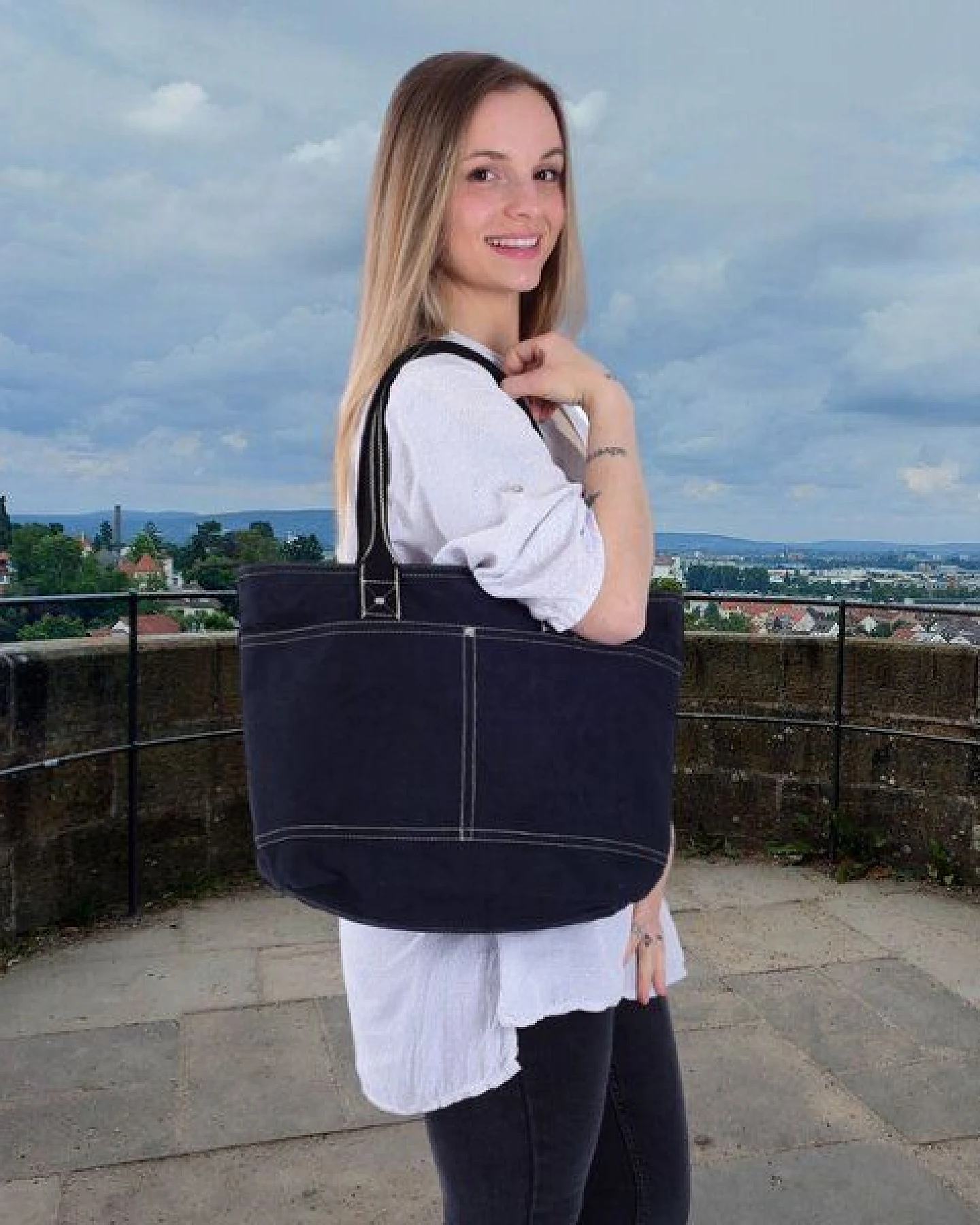 Domelo Damen Shopper. Dunkelblaue wasserabweisende Handtasche, gewachste Canvas Schultertasche – Ansicht 3