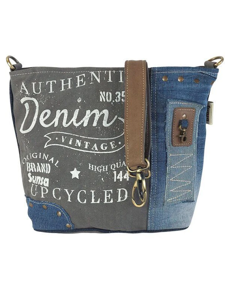 Sunsa Umhängetasche aus recycelter Jeans & Canvas. Nachhaltige Crossbody mit Vintage Motiv