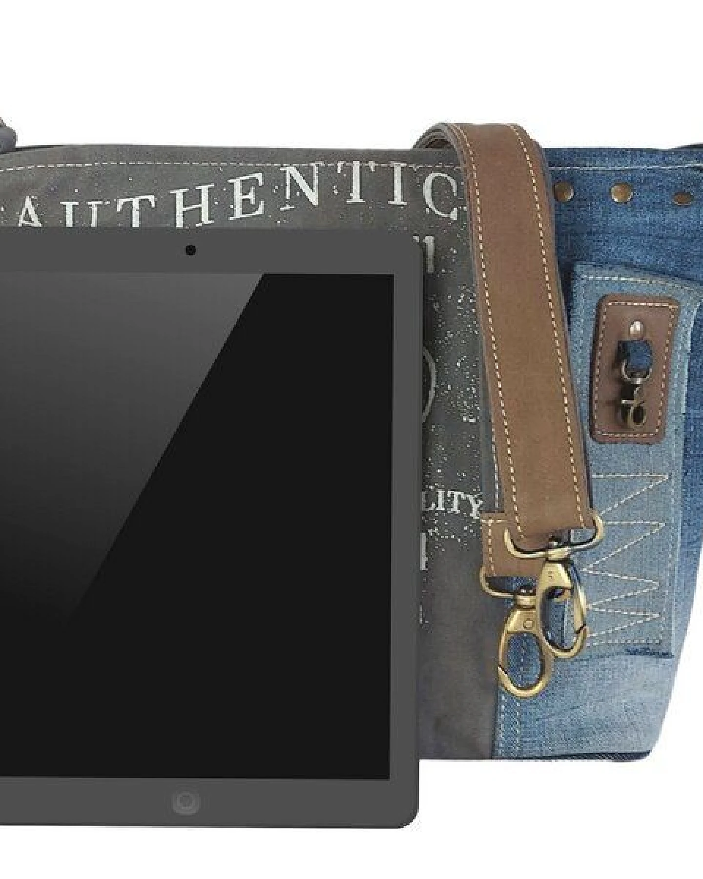Sunsa Umhängetasche aus recycelter Jeans & Canvas. Nachhaltige Crossbody mit Vintage Motiv – Ansicht 3
