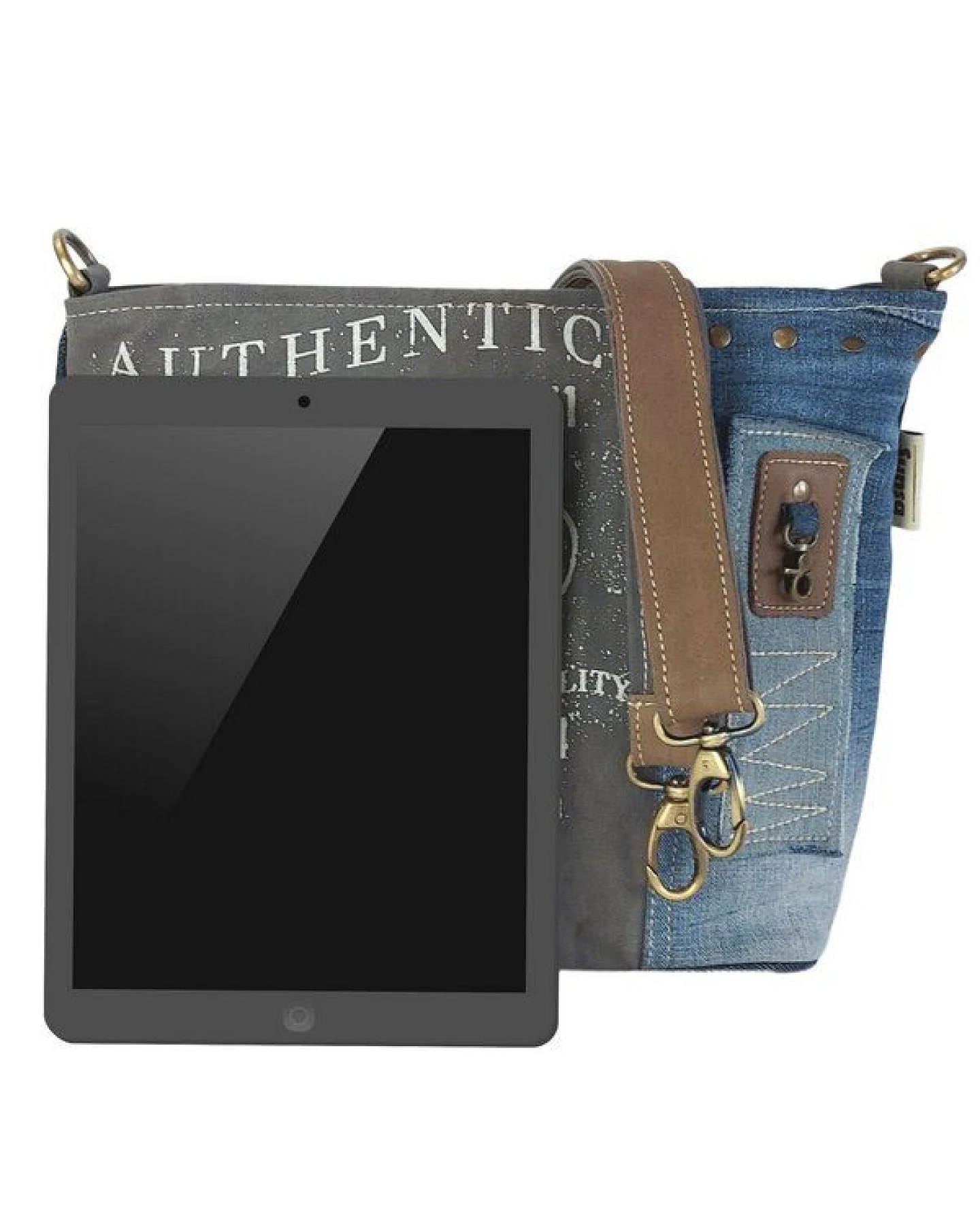 Sunsa Umhängetasche aus recycelter Jeans & Canvas. Nachhaltige Crossbody mit Vintage Motiv – Ansicht 3