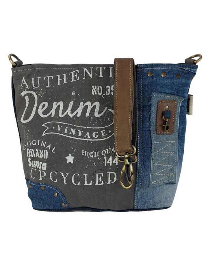 Sunsa Umhängetasche aus recycelter Jeans & Canvas. Crossbody mit Vintage Motiv