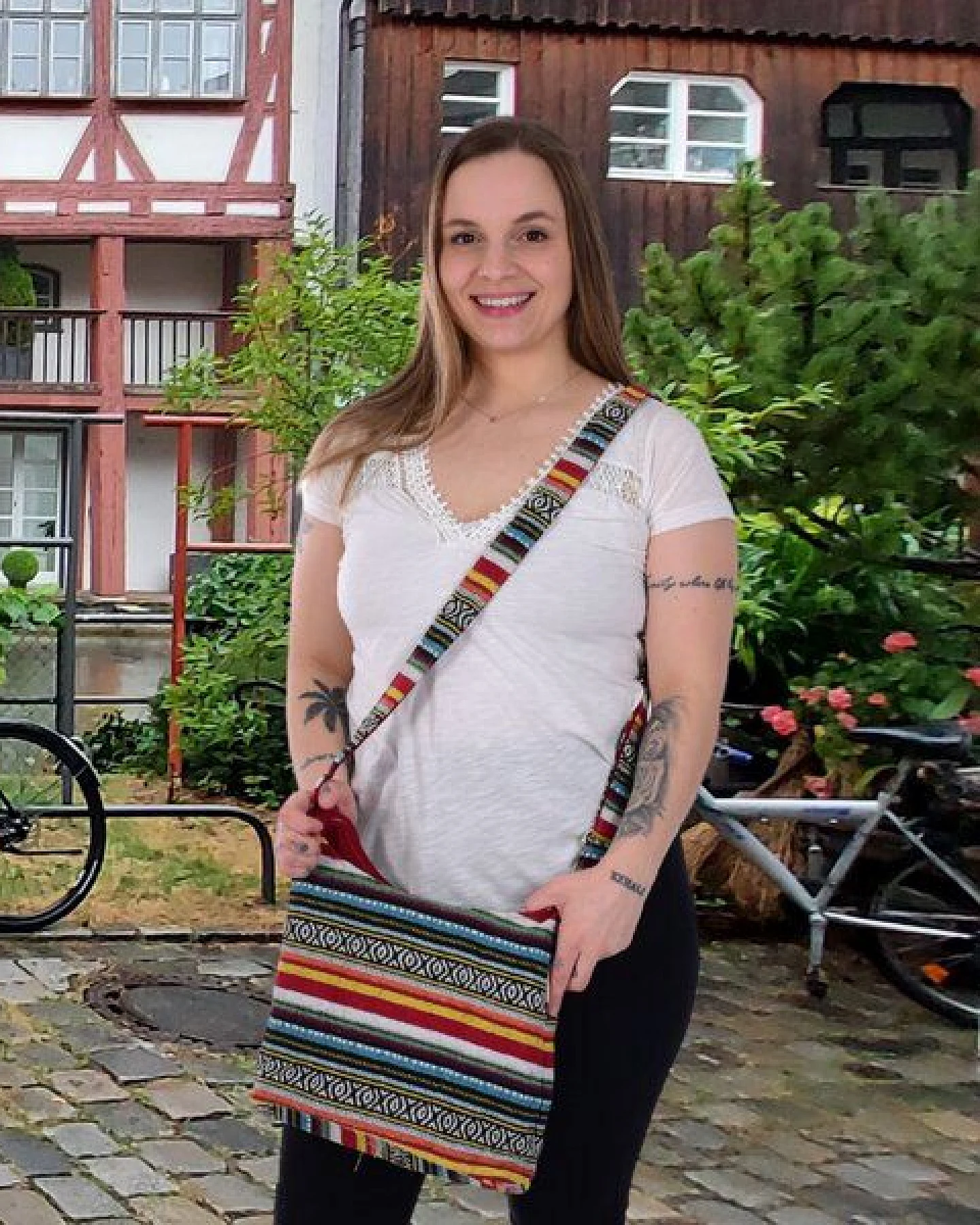 Sunsa Hobo Tasche. Gestreifte Baumwolle Umhängetasche. Vegane Schultertasche. Crossbody bag – Ansicht 2