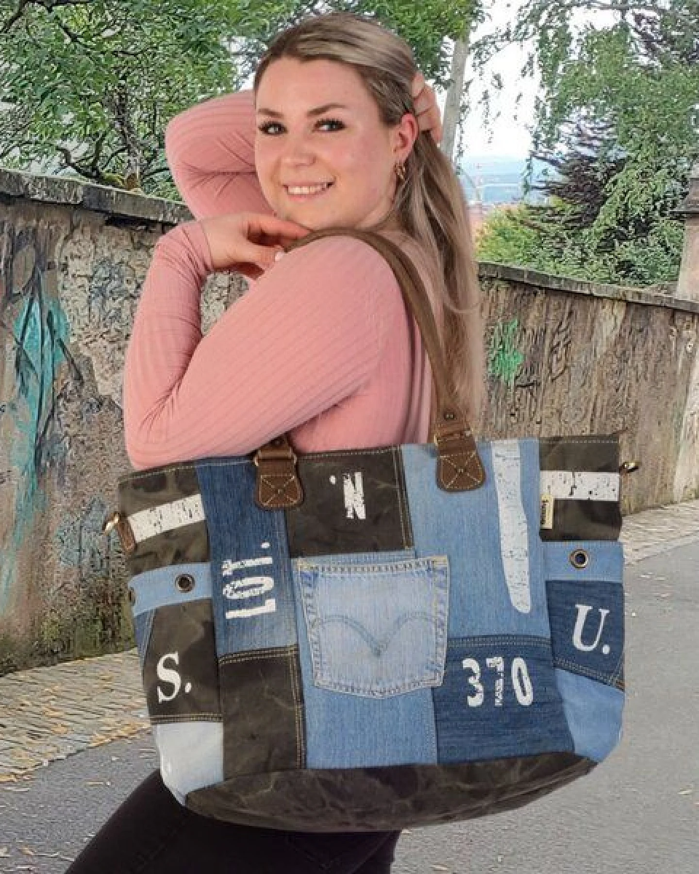 Sunsa XXL Vintage Tasche, nachhaltige Weekender Canvas/ Jeans Shopper – Ansicht 2