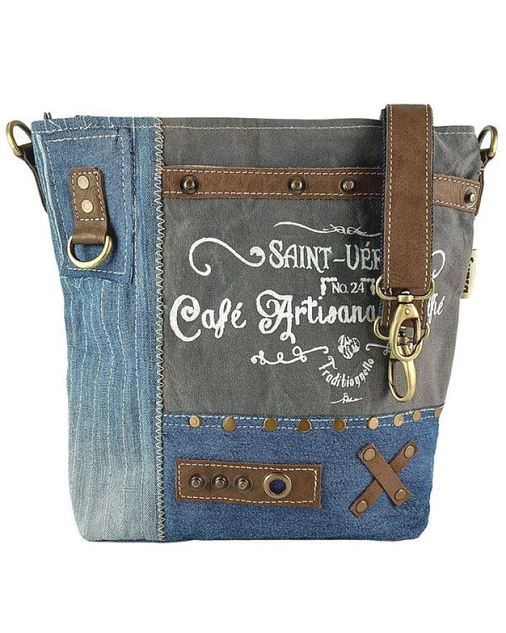 Sunsa Damen Tasche aus recycelter Jeans. Umhängetasche mit Vintage Druckmotive