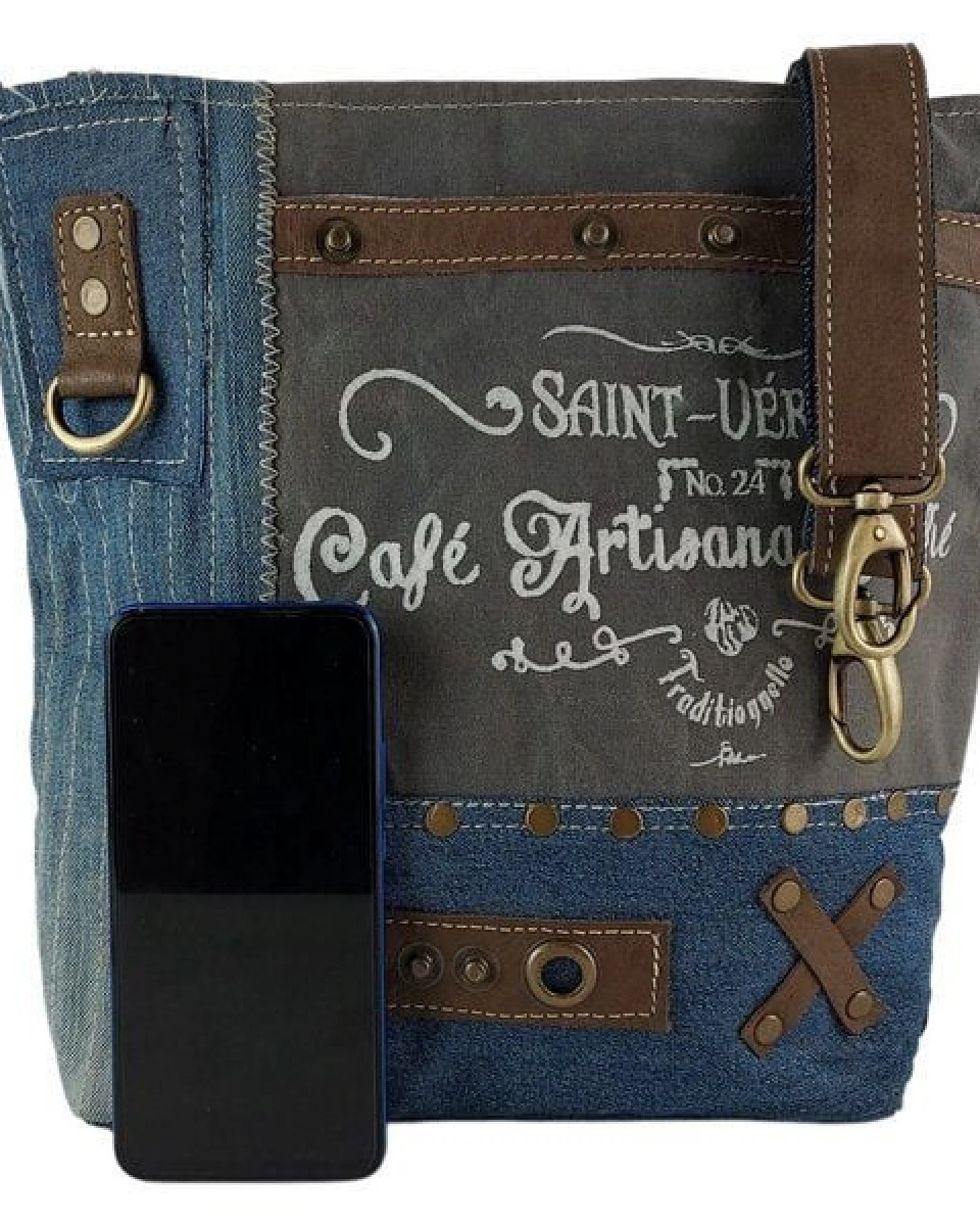 Sunsa Damen Tasche aus recycelter Jeans. Umhängetasche mit Vintage Druckmotive – Ansicht 3