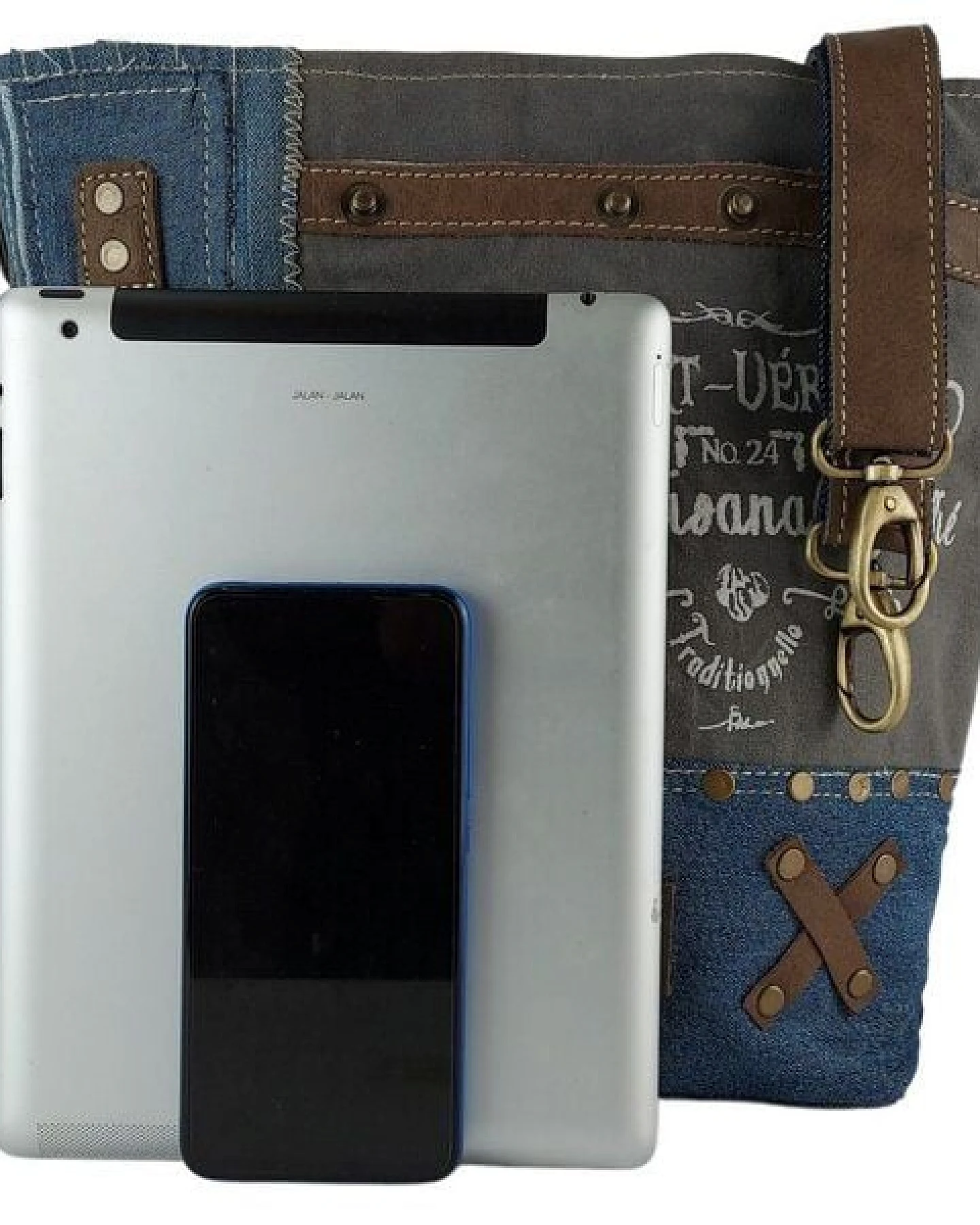 Sunsa Damen Tasche aus recycelter Jeans. Umhängetasche mit Vintage Druckmotive – Ansicht 4