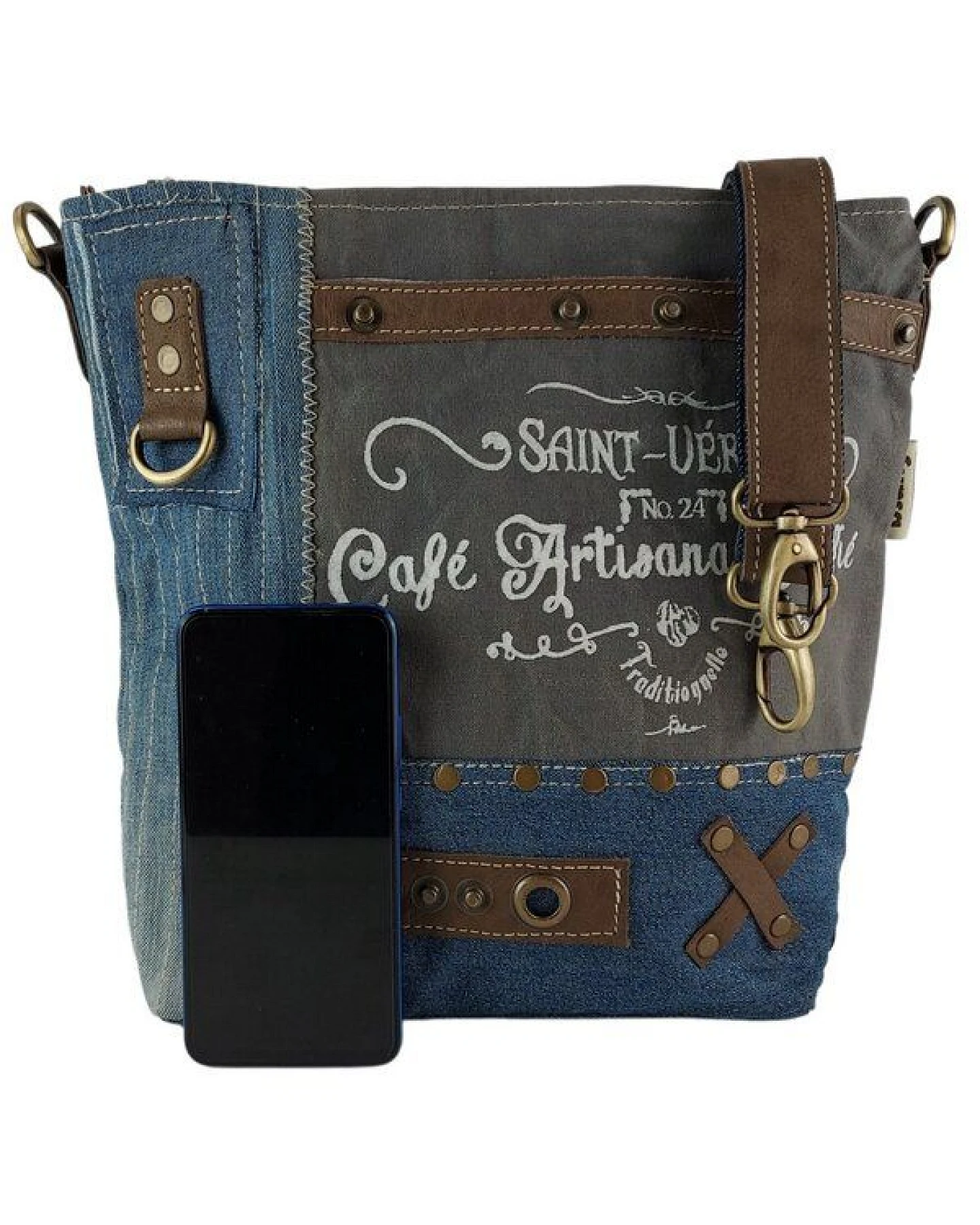 Sunsa Damen Tasche aus recycelter Jeans. Umhängetasche mit Vintage Druckmotive – Ansicht 3
