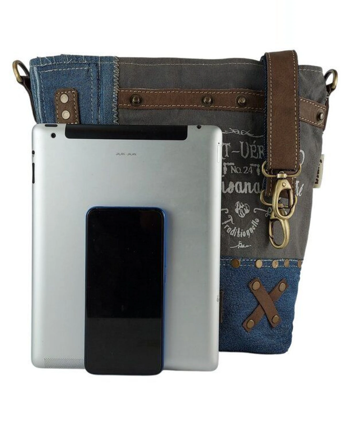Sunsa Damen Tasche aus recycelter Jeans. Umhängetasche mit Vintage Druckmotive – Ansicht 4