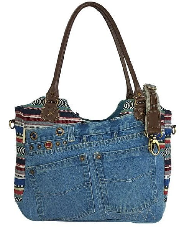 Sunsa Handtasche aus recycelter Jeans & Canvas. Nachhaltige große Schultertasche große Shopper