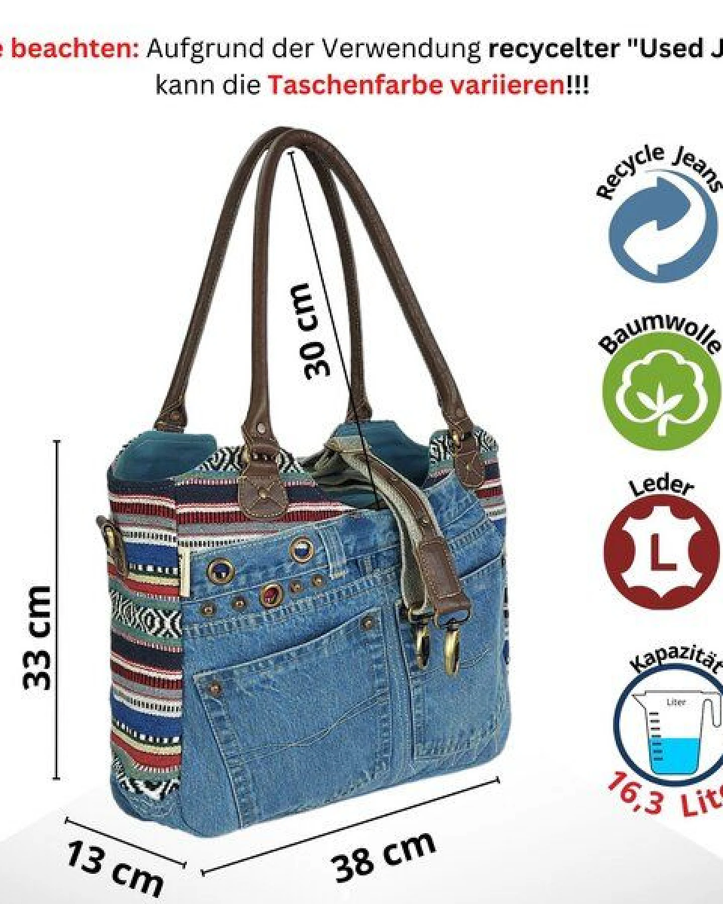 Sunsa Handtasche aus recycelter Jeans & Canvas. Nachhaltige große Schultertasche große Shopper – Ansicht 3