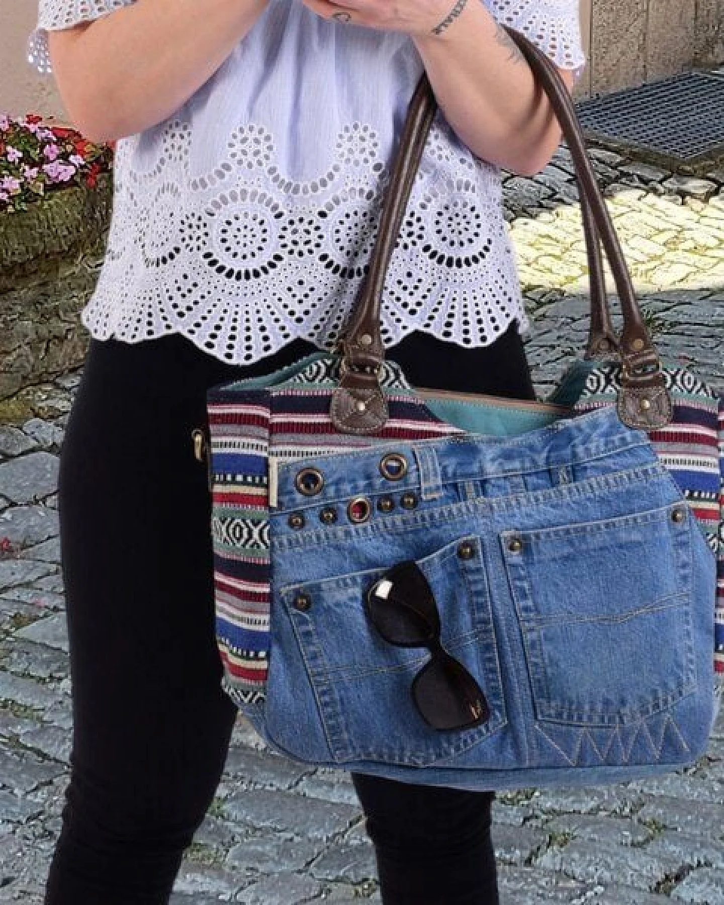 Sunsa Handtasche aus recycelter Jeans & Canvas. Nachhaltige große Schultertasche große Shopper – Ansicht 4