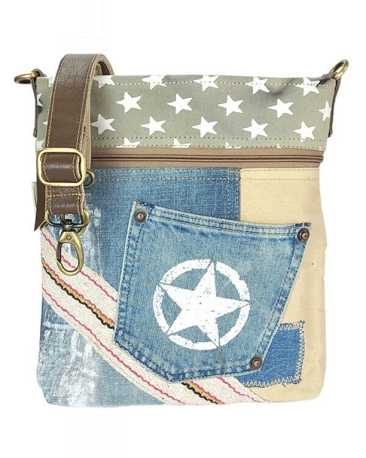 Sunsa Umhängetasche aus Canvas & recycelter Jeans. Nachhaltige Crossbody Bag