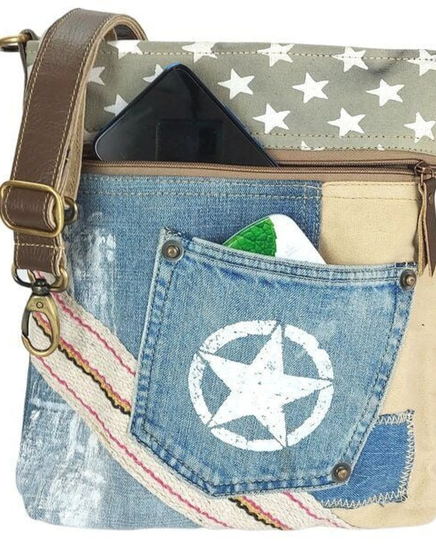 Sunsa Umhängetasche aus Canvas & recycelter Jeans. Nachhaltige Crossbody Bag – Ansicht 3