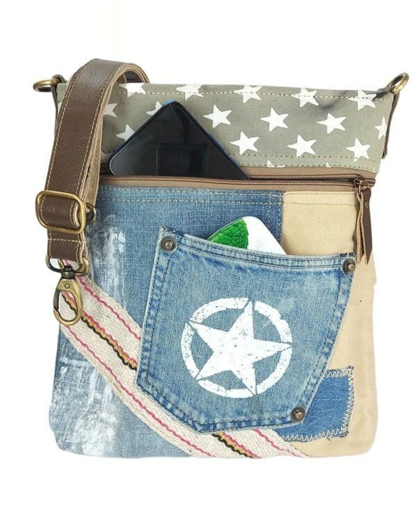 Sunsa Umhängetasche aus Canvas & recycelter Jeans. Nachhaltige Crossbody Bag – Ansicht 3