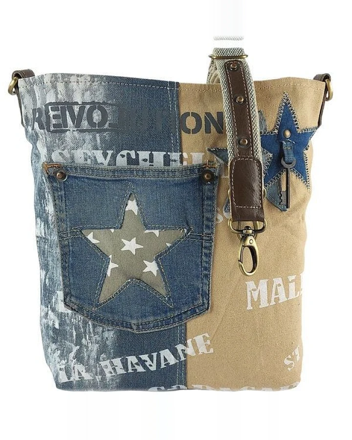 Sunsa Vintage Umhängetasche aus recycelter Jeans & Canvas. Nachhaltige Damen Crossbody Bag