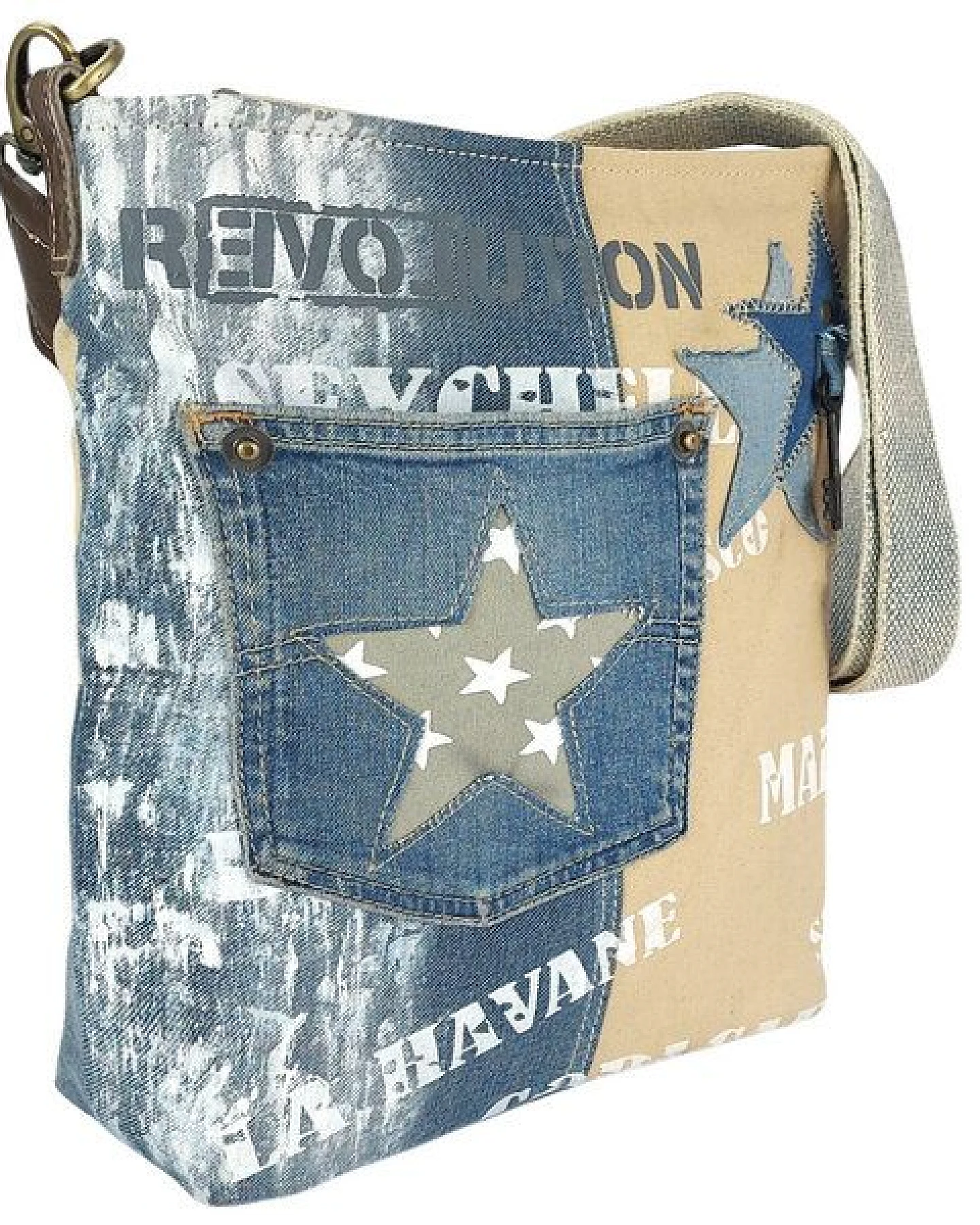 Sunsa Vintage Umhängetasche aus recycelter Jeans & Canvas. Nachhaltige Damen Crossbody Bag – Ansicht 3