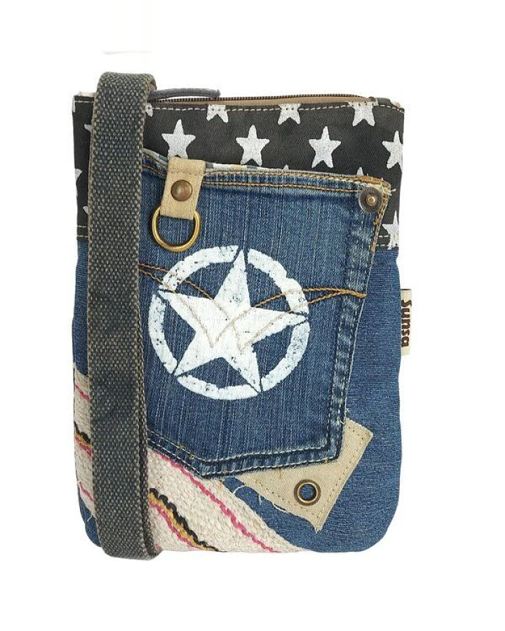 Sunsa Damen Handy Tasche kleine vegane Umhängetasche aus recycelte Jeans & Canvas